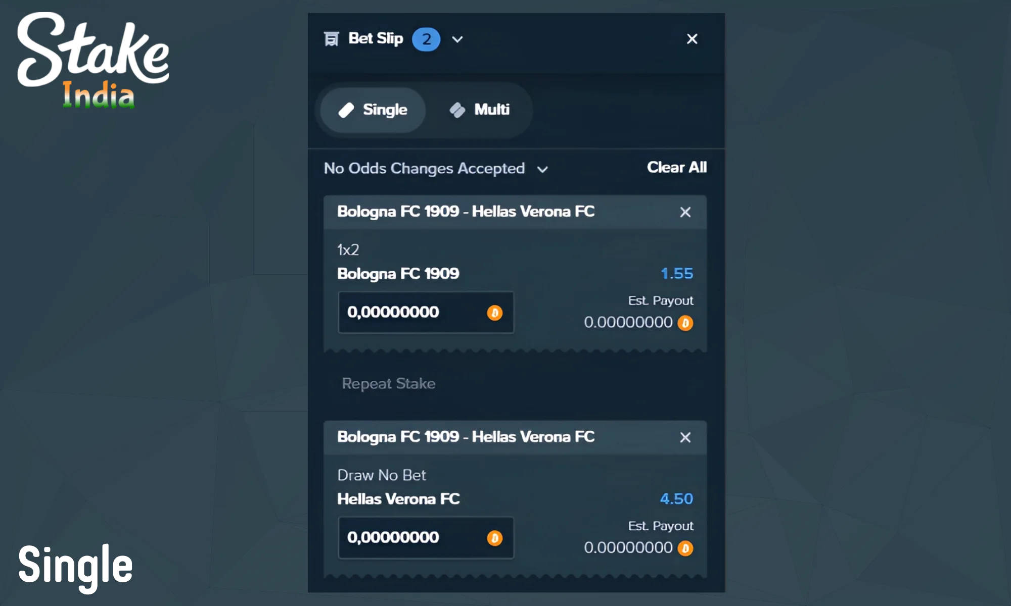 A single bet is placed on a single sporting event available in Stake